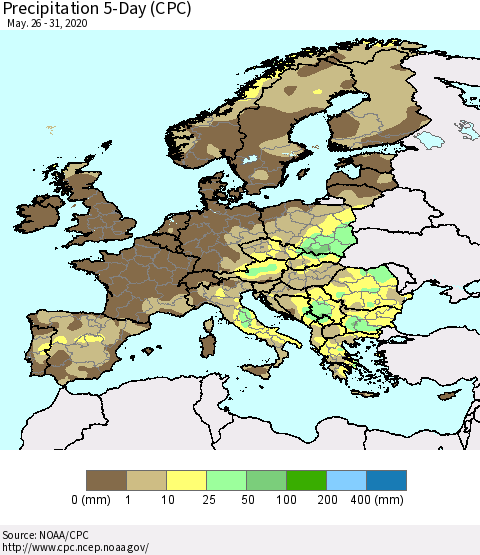 Europe Precipitation 5-Day (CPC) Thematic Map For 5/26/2020 - 5/31/2020