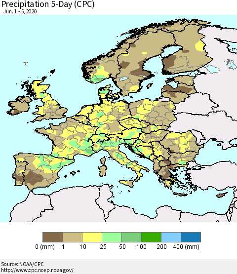 Europe Precipitation 5-Day (CPC) Thematic Map For 6/1/2020 - 6/5/2020