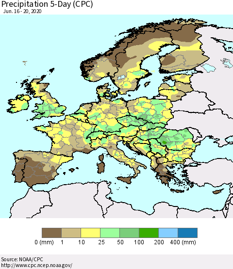 Europe Precipitation 5-Day (CPC) Thematic Map For 6/16/2020 - 6/20/2020