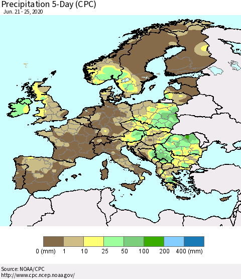 Europe Precipitation 5-Day (CPC) Thematic Map For 6/21/2020 - 6/25/2020