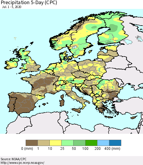 Europe Precipitation 5-Day (CPC) Thematic Map For 7/1/2020 - 7/5/2020