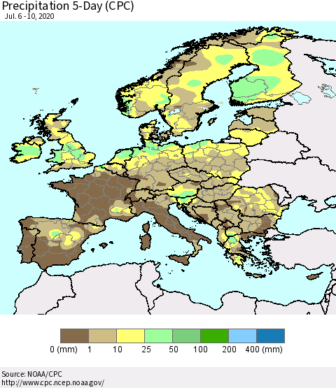 Europe Precipitation 5-Day (CPC) Thematic Map For 7/6/2020 - 7/10/2020