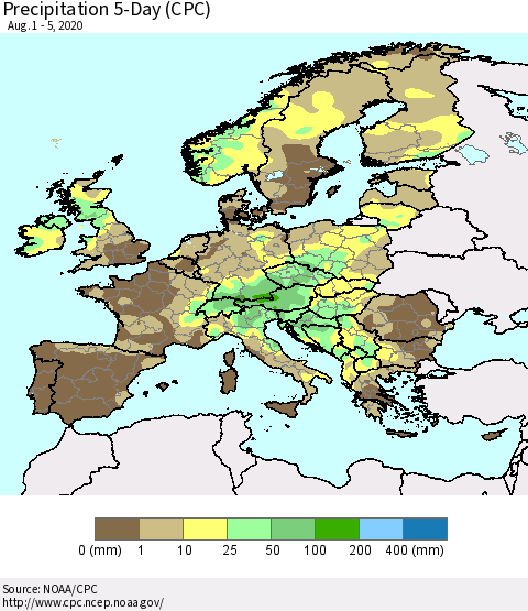 Europe Precipitation 5-Day (CPC) Thematic Map For 8/1/2020 - 8/5/2020
