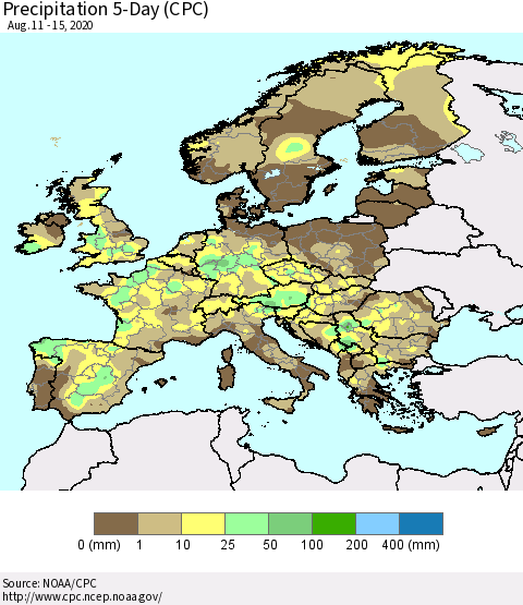Europe Precipitation 5-Day (CPC) Thematic Map For 8/11/2020 - 8/15/2020