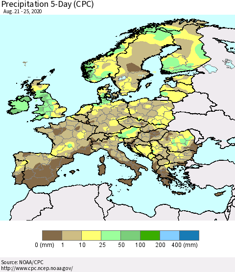 Europe Precipitation 5-Day (CPC) Thematic Map For 8/21/2020 - 8/25/2020