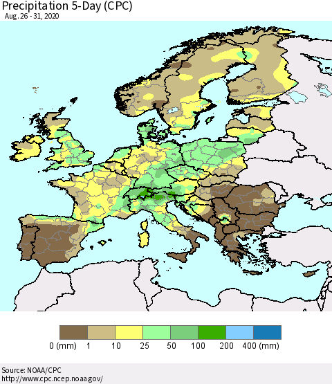 Europe Precipitation 5-Day (CPC) Thematic Map For 8/26/2020 - 8/31/2020