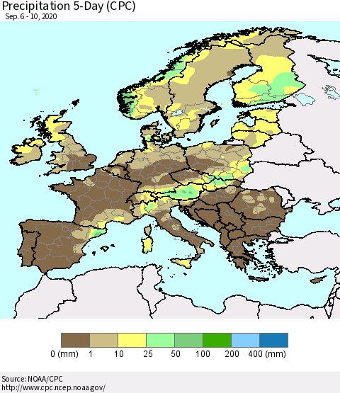 Europe Precipitation 5-Day (CPC) Thematic Map For 9/6/2020 - 9/10/2020