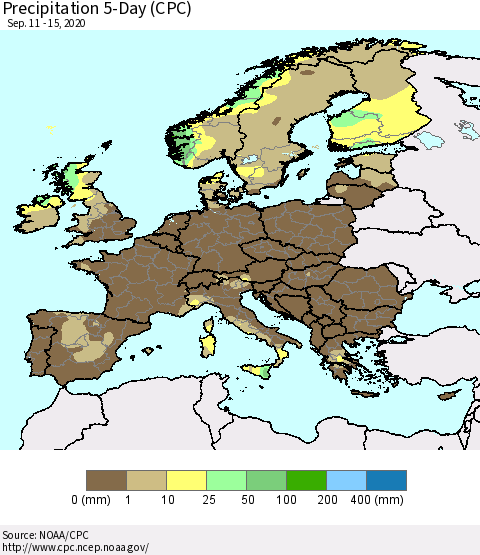 Europe Precipitation 5-Day (CPC) Thematic Map For 9/11/2020 - 9/15/2020