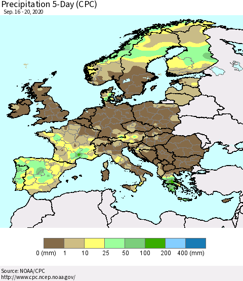 Europe Precipitation 5-Day (CPC) Thematic Map For 9/16/2020 - 9/20/2020