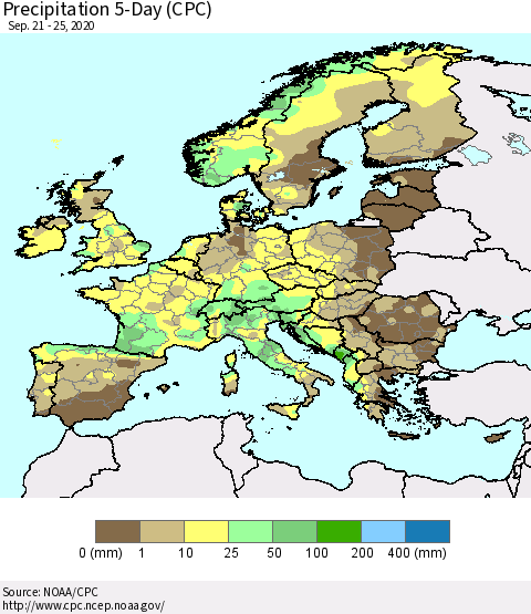 Europe Precipitation 5-Day (CPC) Thematic Map For 9/21/2020 - 9/25/2020