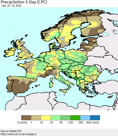 Europe Precipitation 5-Day (CPC) Thematic Map For 9/26/2020 - 9/30/2020