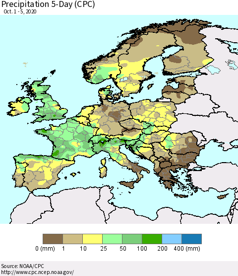 Europe Precipitation 5-Day (CPC) Thematic Map For 10/1/2020 - 10/5/2020