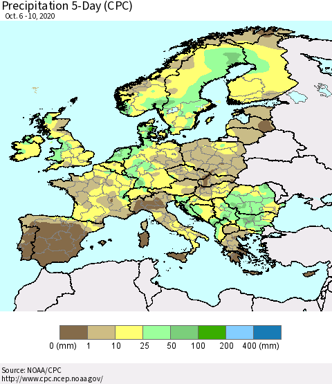 Europe Precipitation 5-Day (CPC) Thematic Map For 10/6/2020 - 10/10/2020