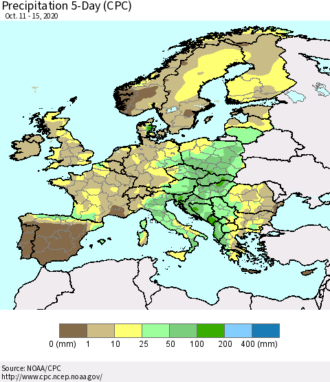 Europe Precipitation 5-Day (CPC) Thematic Map For 10/11/2020 - 10/15/2020