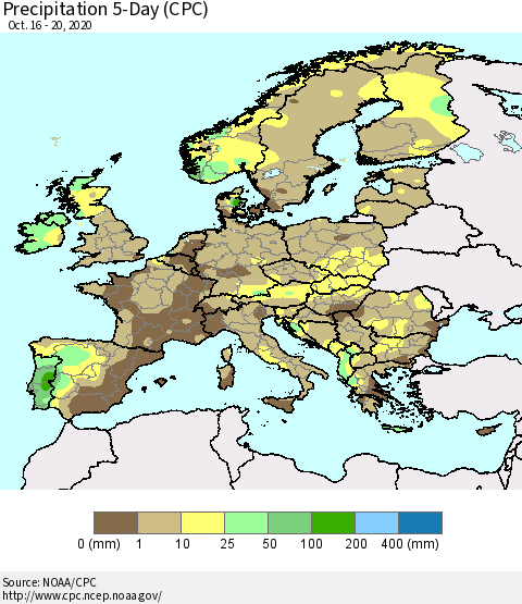 Europe Precipitation 5-Day (CPC) Thematic Map For 10/16/2020 - 10/20/2020