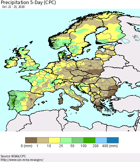 Europe Precipitation 5-Day (CPC) Thematic Map For 10/21/2020 - 10/25/2020