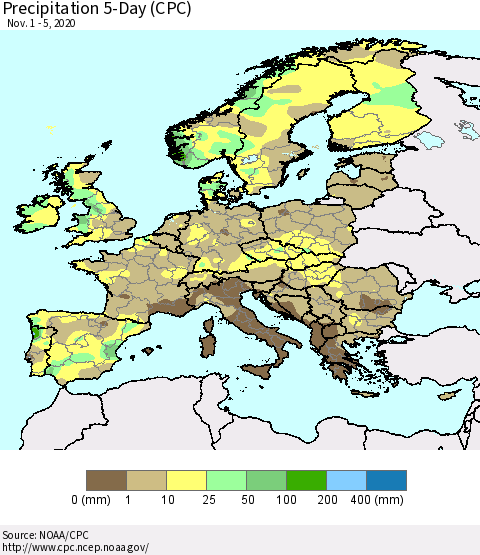 Europe Precipitation 5-Day (CPC) Thematic Map For 11/1/2020 - 11/5/2020