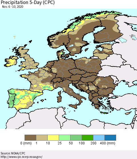 Europe Precipitation 5-Day (CPC) Thematic Map For 11/6/2020 - 11/10/2020
