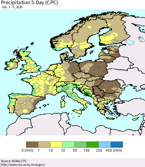 Europe Precipitation 5-Day (CPC) Thematic Map For 12/1/2020 - 12/5/2020