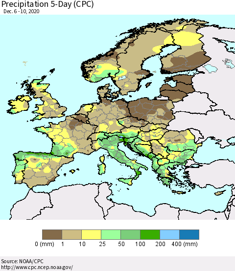 Europe Precipitation 5-Day (CPC) Thematic Map For 12/6/2020 - 12/10/2020