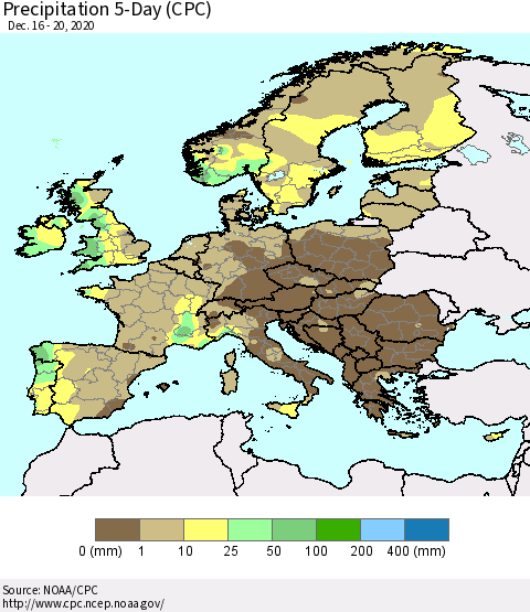 Europe Precipitation 5-Day (CPC) Thematic Map For 12/16/2020 - 12/20/2020