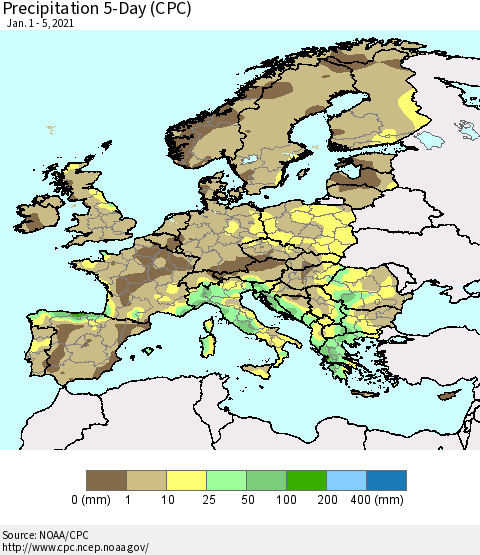 Europe Precipitation 5-Day (CPC) Thematic Map For 1/1/2021 - 1/5/2021