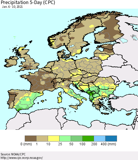 Europe Precipitation 5-Day (CPC) Thematic Map For 1/6/2021 - 1/10/2021