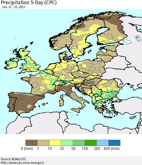 Europe Precipitation 5-Day (CPC) Thematic Map For 1/11/2021 - 1/15/2021