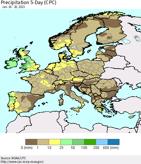 Europe Precipitation 5-Day (CPC) Thematic Map For 1/16/2021 - 1/20/2021