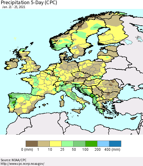 Europe Precipitation 5-Day (CPC) Thematic Map For 1/21/2021 - 1/25/2021