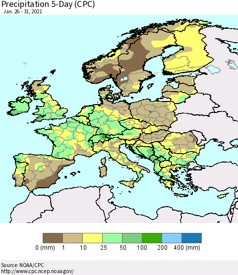 Europe Precipitation 5-Day (CPC) Thematic Map For 1/26/2021 - 1/31/2021