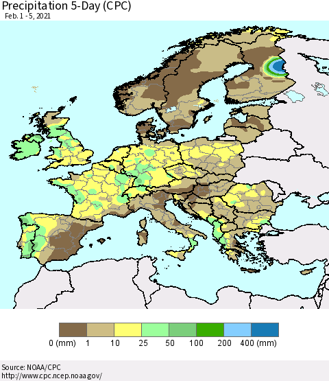 Europe Precipitation 5-Day (CPC) Thematic Map For 2/1/2021 - 2/5/2021