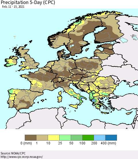 Europe Precipitation 5-Day (CPC) Thematic Map For 2/11/2021 - 2/15/2021