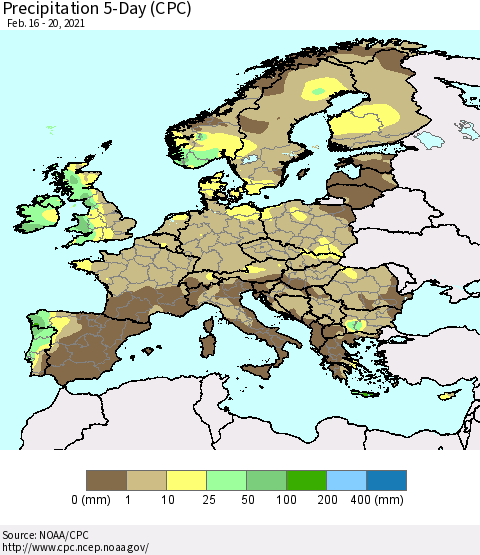 Europe Precipitation 5-Day (CPC) Thematic Map For 2/16/2021 - 2/20/2021