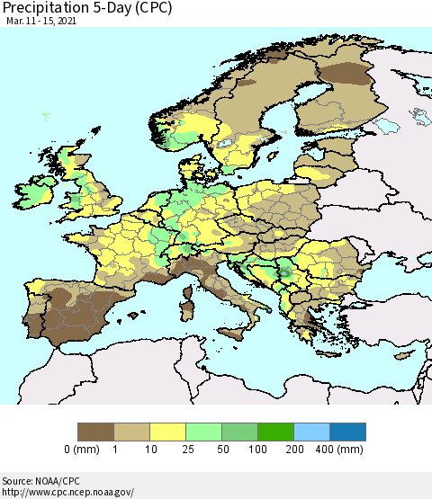Europe Precipitation 5-Day (CPC) Thematic Map For 3/11/2021 - 3/15/2021