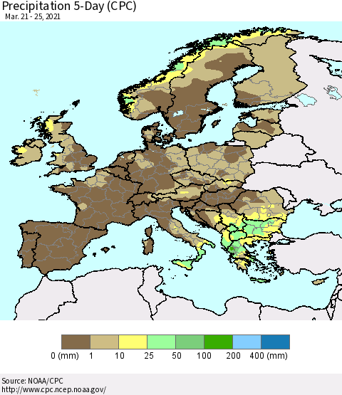 Europe Precipitation 5-Day (CPC) Thematic Map For 3/21/2021 - 3/25/2021