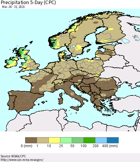 Europe Precipitation 5-Day (CPC) Thematic Map For 3/26/2021 - 3/31/2021