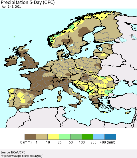 Europe Precipitation 5-Day (CPC) Thematic Map For 4/1/2021 - 4/5/2021