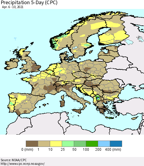 Europe Precipitation 5-Day (CPC) Thematic Map For 4/6/2021 - 4/10/2021