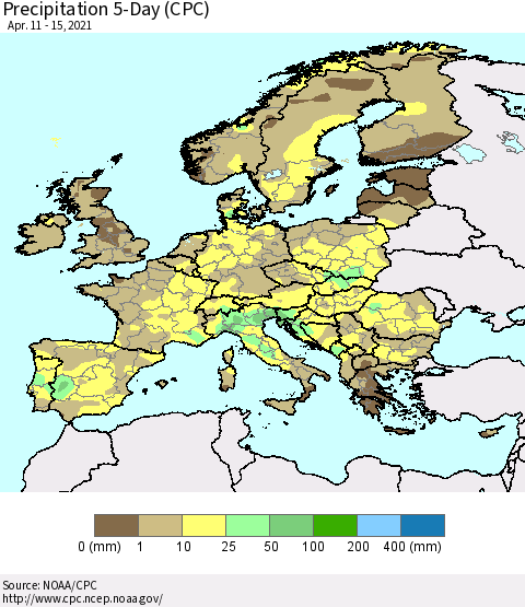 Europe Precipitation 5-Day (CPC) Thematic Map For 4/11/2021 - 4/15/2021