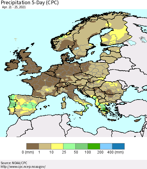Europe Precipitation 5-Day (CPC) Thematic Map For 4/21/2021 - 4/25/2021
