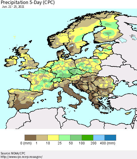 Europe Precipitation 5-Day (CPC) Thematic Map For 6/21/2021 - 6/25/2021