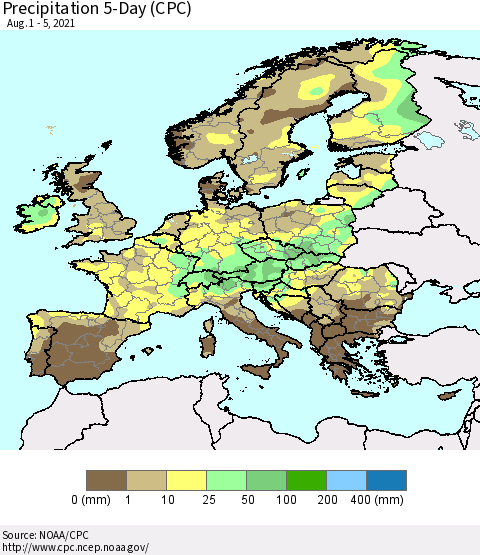 Europe Precipitation 5-Day (CPC) Thematic Map For 8/1/2021 - 8/5/2021