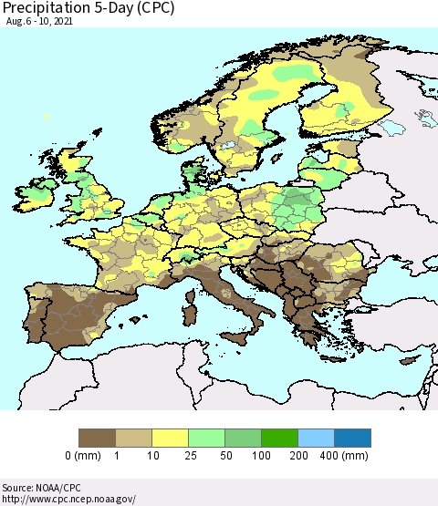 Europe Precipitation 5-Day (CPC) Thematic Map For 8/6/2021 - 8/10/2021