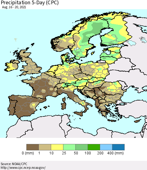 Europe Precipitation 5-Day (CPC) Thematic Map For 8/16/2021 - 8/20/2021