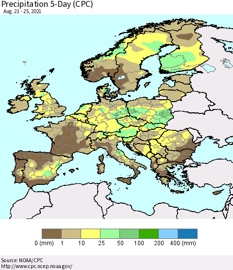 Europe Precipitation 5-Day (CPC) Thematic Map For 8/21/2021 - 8/25/2021