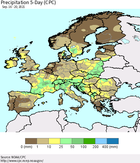 Europe Precipitation 5-Day (CPC) Thematic Map For 9/16/2021 - 9/20/2021