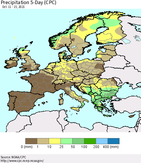Europe Precipitation 5-Day (CPC) Thematic Map For 10/11/2021 - 10/15/2021