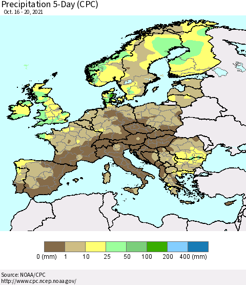 Europe Precipitation 5-Day (CPC) Thematic Map For 10/16/2021 - 10/20/2021
