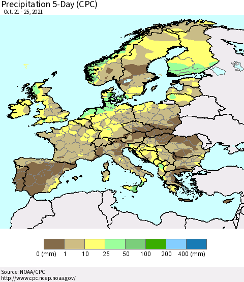 Europe Precipitation 5-Day (CPC) Thematic Map For 10/21/2021 - 10/25/2021